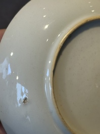 Three Chinese export famille rose 'European subject' cups and two saucers, Qianlong