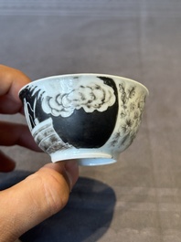 A rare Chinese grisaille and gilt cup and saucer with Ignatius of Loyola, Qianlong