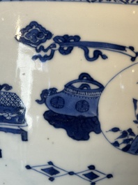 A fine Chinese blue and white 'landscape and antiquities' bowl with silver handles, Kangxi
