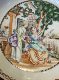 Three Chinese export famille rose 'European subject' cups and two saucers, Qianlong