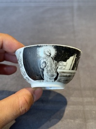 A rare Chinese grisaille and gilt cup and saucer with Ignatius of Loyola, Qianlong