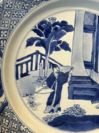 Three Chinese blue and white plates with figural design, Chenghua and Kangxi mark, Kangxi