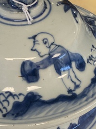 A Chinese blue and white 'Jia Guan Jin Jue 加官晉爵' vase and cover, Transitional period