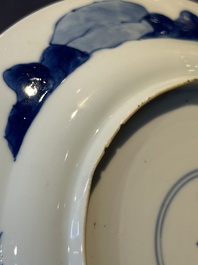 Two Chinese blue and white plates with figural design, Wanli and Kangxi mark, Kangxi