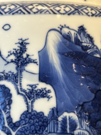 A fine Chinese blue and white 'landscape and antiquities' bowl with silver handles, Kangxi