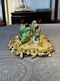 A French ormolu inkwell inset with Chinese verte biscuit porcelain, 19th C. and Kangxi