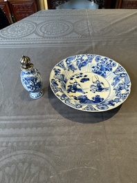 A Chinese blue and white 'hunting scene' 'klapmuts' bowl and a vase with a silver cover, Kangxi