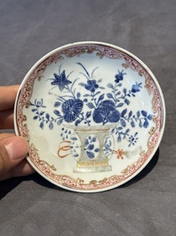 A pair of Chinese polychrome-decorated cups and saucers and an iron-red gilt-decorated cup and saucer, Yongzheng/Qianlong