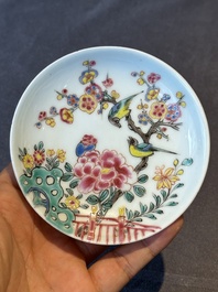 Five Chinese famille rose cups and saucers with horses, birds and flowers, Yongzheng/Qianlong