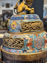 A pair of Chinese cloisonn&eacute; censers with covers and stands, 19/20th C.