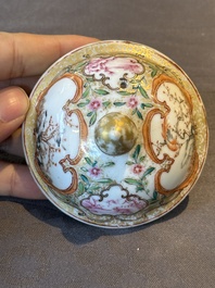 A Chinese Canton famille rose 'mandarin subject' covered teapot and a pair of saucers, Qianlong