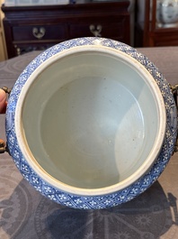 A fine Chinese blue and white 'landscape and antiquities' bowl with silver handles, Kangxi
