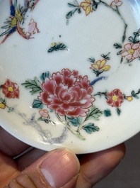 Five Chinese famille rose cups and saucers with horses, birds and flowers, Yongzheng/Qianlong