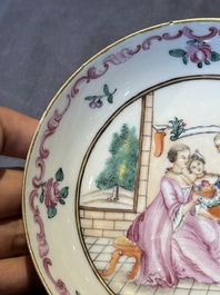 Three Chinese export famille rose 'European subject' cups and two saucers, Qianlong