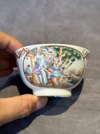 Three Chinese export famille rose 'European subject' cups and two saucers, Qianlong