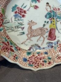 Three Chinese famille rose flower-shaped 'He Xiangu' plates, Yongzheng