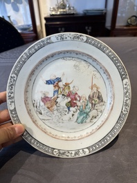 A Chinese rose-grisaille plate with Luohan, a dragon and a tiger, Yongzheng/Qianlong