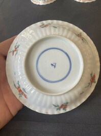 Two pairs of Chinese famille verte cups and saucers, Kangxi
