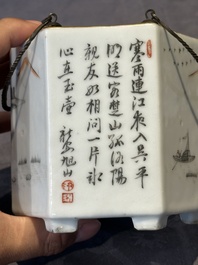 A hexagonal Chinese grisaille covered wine jug and warmer, signed Xinan Xushan 新安旭山, Guangxu mark, 19th C.