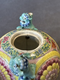 A Chinese famille rose 'Buddhist lion' teapot and cover, Yongzheng