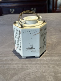 A hexagonal Chinese grisaille covered wine jug and warmer, signed Xinan Xushan 新安旭山, Guangxu mark, 19th C.
