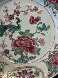 Six Chinese famille rose 'peacock and flowers' plates, Yongzheng
