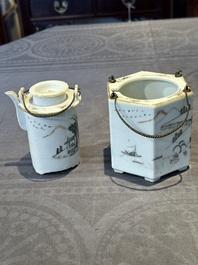 A hexagonal Chinese grisaille covered wine jug and warmer, signed Xinan Xushan 新安旭山, Guangxu mark, 19th C.