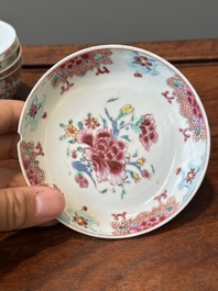 Nine Chinese famille rose cups and eight saucers, Yongzheng/Qianlong