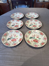 Six Chinese famille rose 'peacock and flowers' plates, Yongzheng