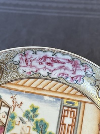 Two Chinese Canton famille rose 'mandarin subject' plates and a saucer, Qianlong