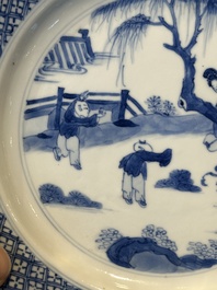 Three Chinese blue and white plates with figural design, Chenghua and Kangxi mark, Kangxi