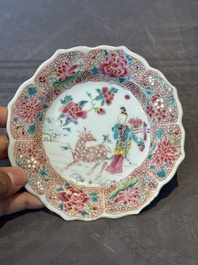 Three Chinese famille rose flower-shaped 'He Xiangu' plates, Yongzheng