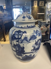 A Chinese blue and white 'Jia Guan Jin Jue 加官晉爵' vase and cover, Transitional period
