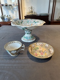 A Chinese Canton famille rose gilt-decorated cup and saucer and a famille verte tazza, 19th C.