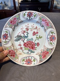 Six Chinese famille rose 'peacock and flowers' plates, Yongzheng