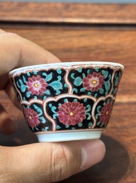 Nine Chinese famille rose cups and eight saucers, Yongzheng/Qianlong
