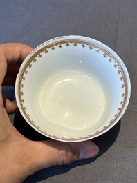 A pair of Chinese armorial famille rose cups and saucers with the arms of Tyndall for the English market and two monogrammed bowls, Qianlong
