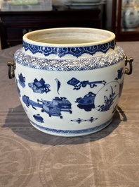 A fine Chinese blue and white 'landscape and antiquities' bowl with silver handles, Kangxi