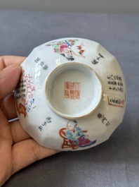 A Chinese famille rose 'Wu Shuang Pu' bowl with cover, a saucer and four covers, Daoguang/Xianfeng