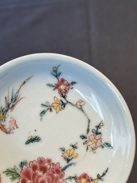 Five Chinese famille rose cups and saucers with horses, birds and flowers, Yongzheng/Qianlong