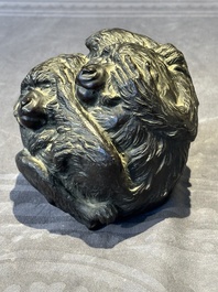 A Japanese bronze okimono with three monkeys, Yoshinobu seal mark, Meiji period