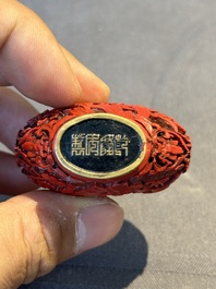 A Chinese carved turquoise snuff bottle and two red lacquer snuff bottles, Qianlong mark, 19/20th C.