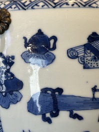 A fine Chinese blue and white 'landscape and antiquities' bowl with silver handles, Kangxi