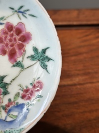 Nine Chinese famille rose cups and eight saucers, Yongzheng/Qianlong