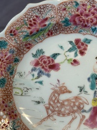 Three Chinese famille rose flower-shaped 'He Xiangu' plates, Yongzheng