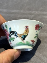 Two pairs of Chinese famille rose cups and saucers with pheasants and roosters, Yongzheng/Qianlong