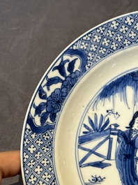 Two Chinese blue and white plates with figural design, Wanli and Kangxi mark, Kangxi