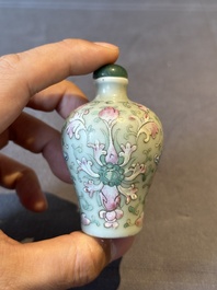 Two Chinese famille rose 'lotus scroll' snuff bottles and a flamb&eacute;-glazed snuff bottle, 19th C.