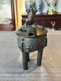 A fine Chinese bronze censer and cover with a Buddhist lion, 'ding 鼎', Xuande Mark, Ming