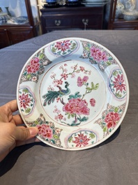 Six Chinese famille rose 'peacock and flowers' plates, Yongzheng